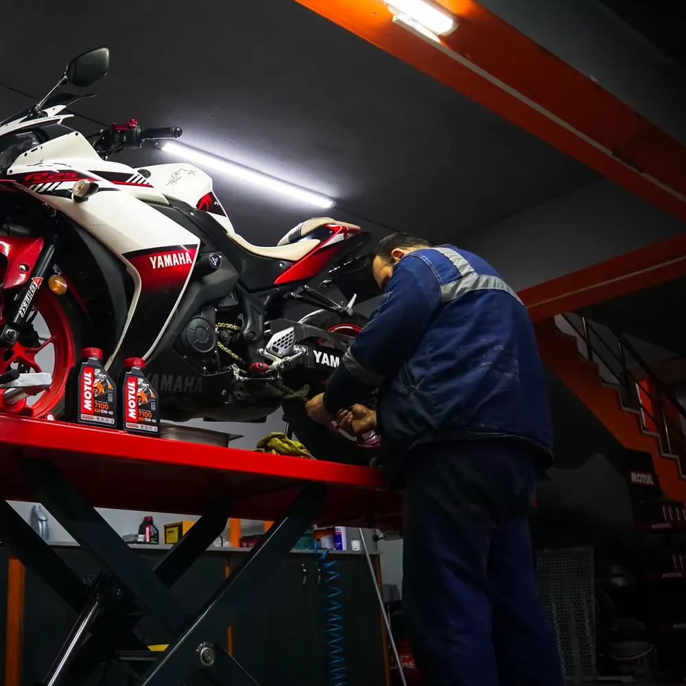 Motorcycle on a workshop lift